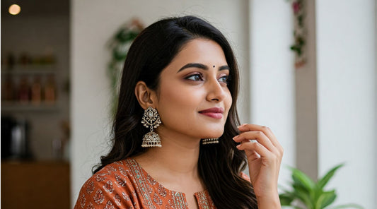 Lifestyle shot of a stylish Indian woman wearing Feelori fusion jhumkas with a contemporary outfit in a modern cafe setting - representing modern Indian elegance.