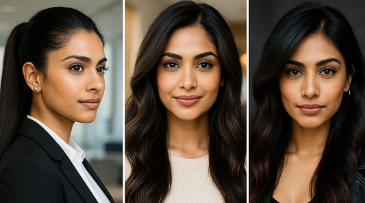 Collage concept showing Indian models styled three ways with Feelori hair extensions: professional ponytail, wavy clip-ins, and colored streaks.
