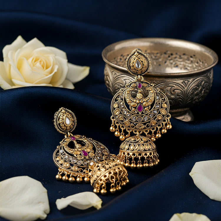 FeelOri Ganga Jamuna Jhumka Earrings - Elegant gold and silver two-tone design.
