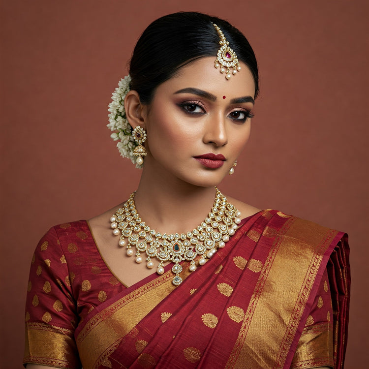 Indian model in elegant traditional attire showcasing FeelOri's sparkling AD stone necklace, embodying timeless heritage and 'Parampara Sparkle,' in a high-definition, minimalistic photograph.