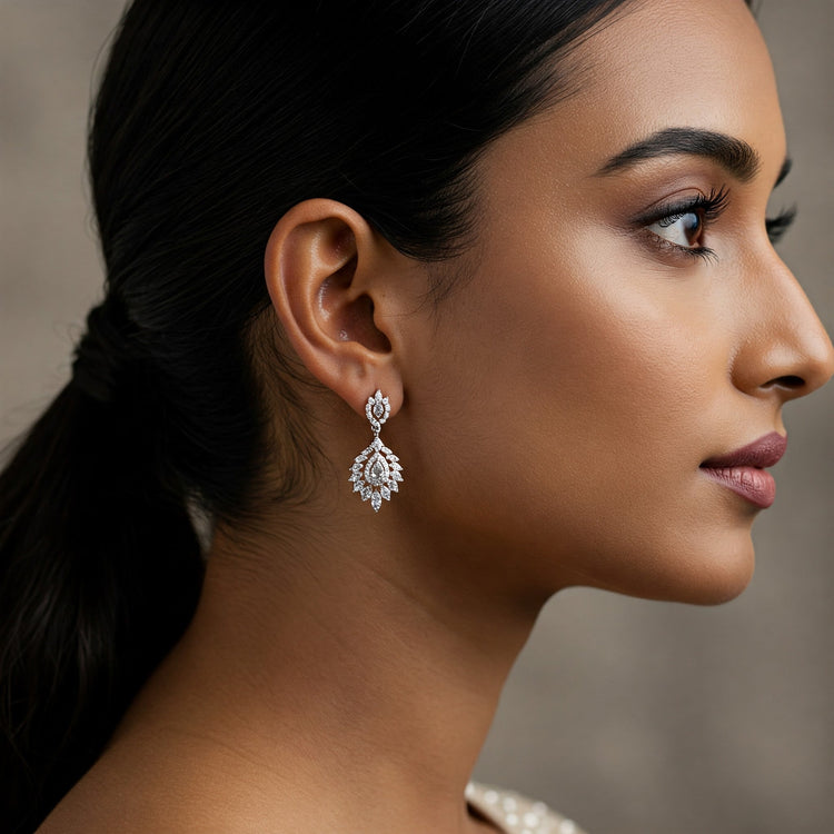 Beauty shot close-up of an Indian model wearing sparkling Feelori CZ earrings, highlighting modern glamour.