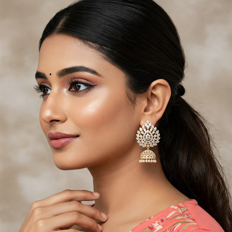 Beautiful Indian model showcasing sparkling Feelori CZ Jhumka earrings - Feelori Earrings Collection.