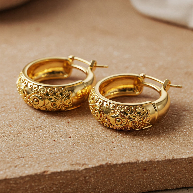 Pair of Feelori Gold Bali Hoop earrings with intricate traditional Bali detailing in gold plate - elegant Indian jewelry.