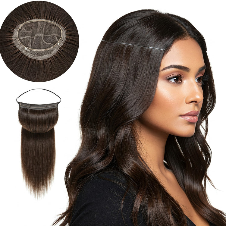Indian model with seamless volume from Feelori halo extension, inset shows detail of the invisible wire and weft.