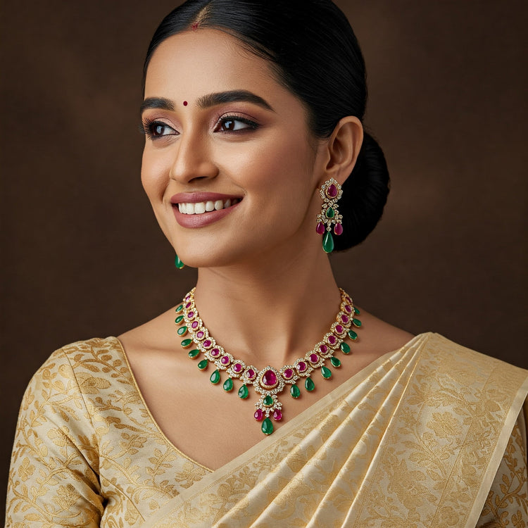Elegant Indian model in traditional attire showcasing a Feelori single-line ruby and emerald necklace with matching modern earrings.