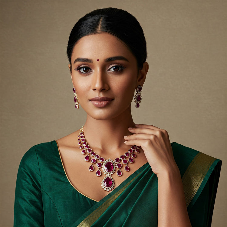 An Indian model elegantly showcases FeelOri's handcrafted ruby necklace set, featuring rich red gemstones and intricate gold detailing, embodying a fusion of heritage charm and modern sophistication.