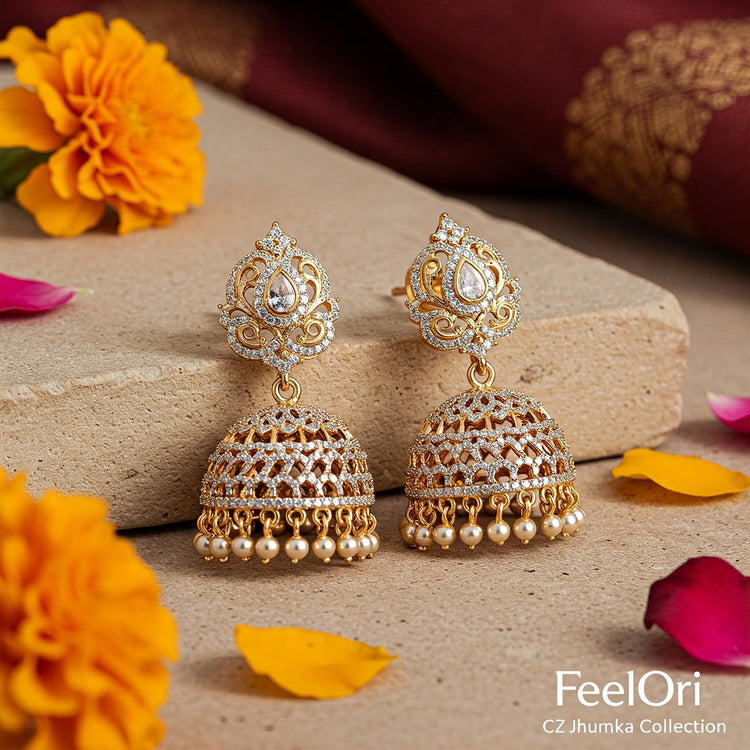 Buy Indian Designer CZ Jhumka Earrings Online at FeelOri. Premium quality, hand-crafted with sparkling stones.