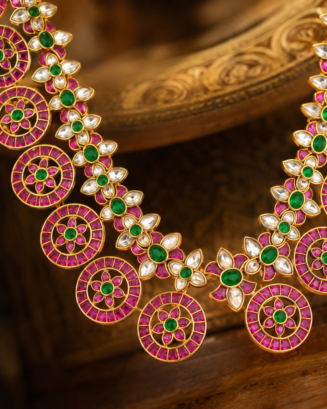 FeelOri 26-inch round motif jadau kundan long haram necklace for South Indian festive jewellery styling