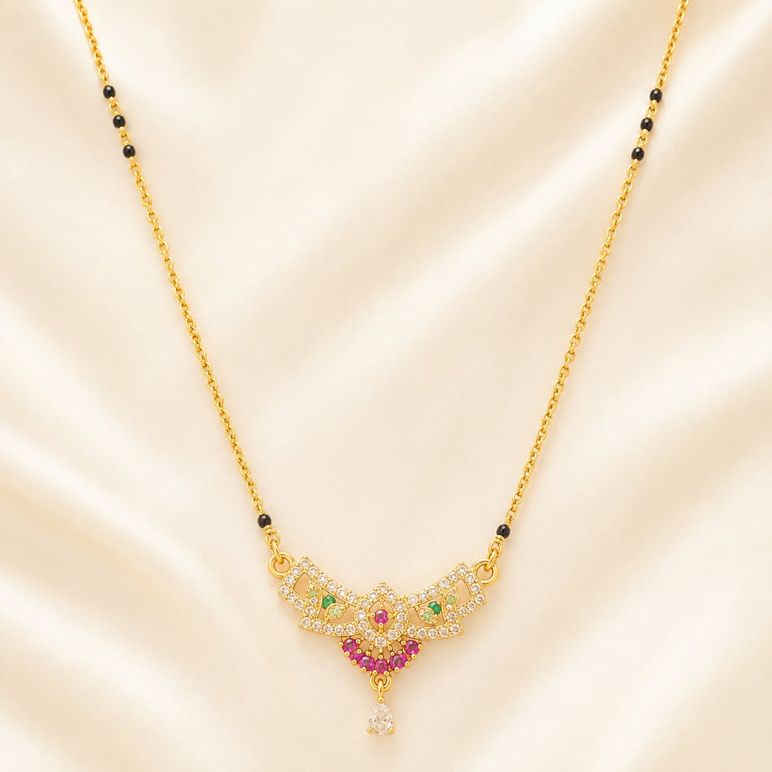 FeelOri Black-Bead Curved Leaf Mangalsutra Necklace, curved leaf pendant detail view