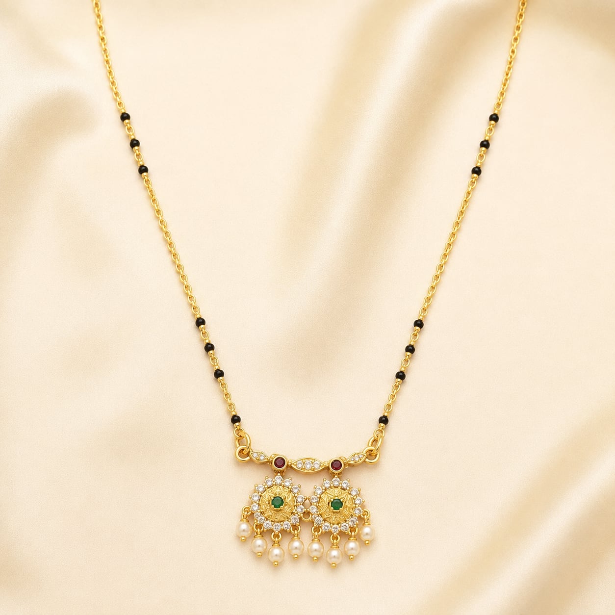 FeelOri black-bead mangalsutra pendant necklace styled with Indian occasion wear