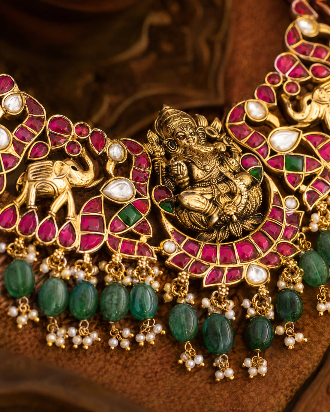 FeelOri broad floral panel jadau kundan necklace for Indian festive necklace styling