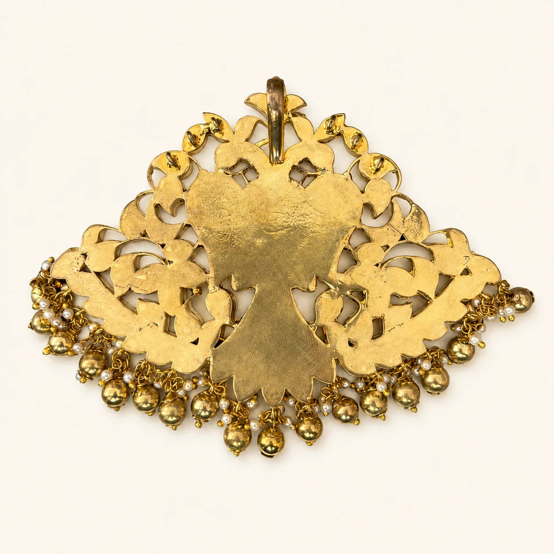 Back view of the FeelOri broad twin-peacock Jadau Kundan pendant showing its bail and openwork construction
