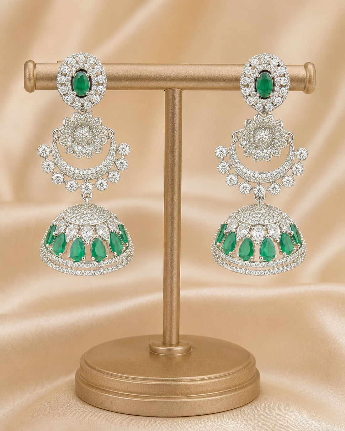 FeelOri Emerald Green Silver Rhodium CZ Three Tier Jhumka Earrings - main catalogue view