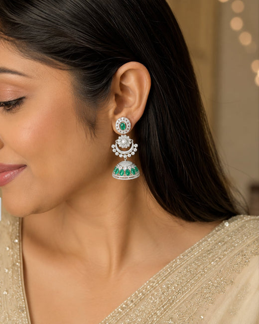 FeelOri Emerald Green Silver Rhodium CZ Three Tier Jhumka Earrings - model styling view