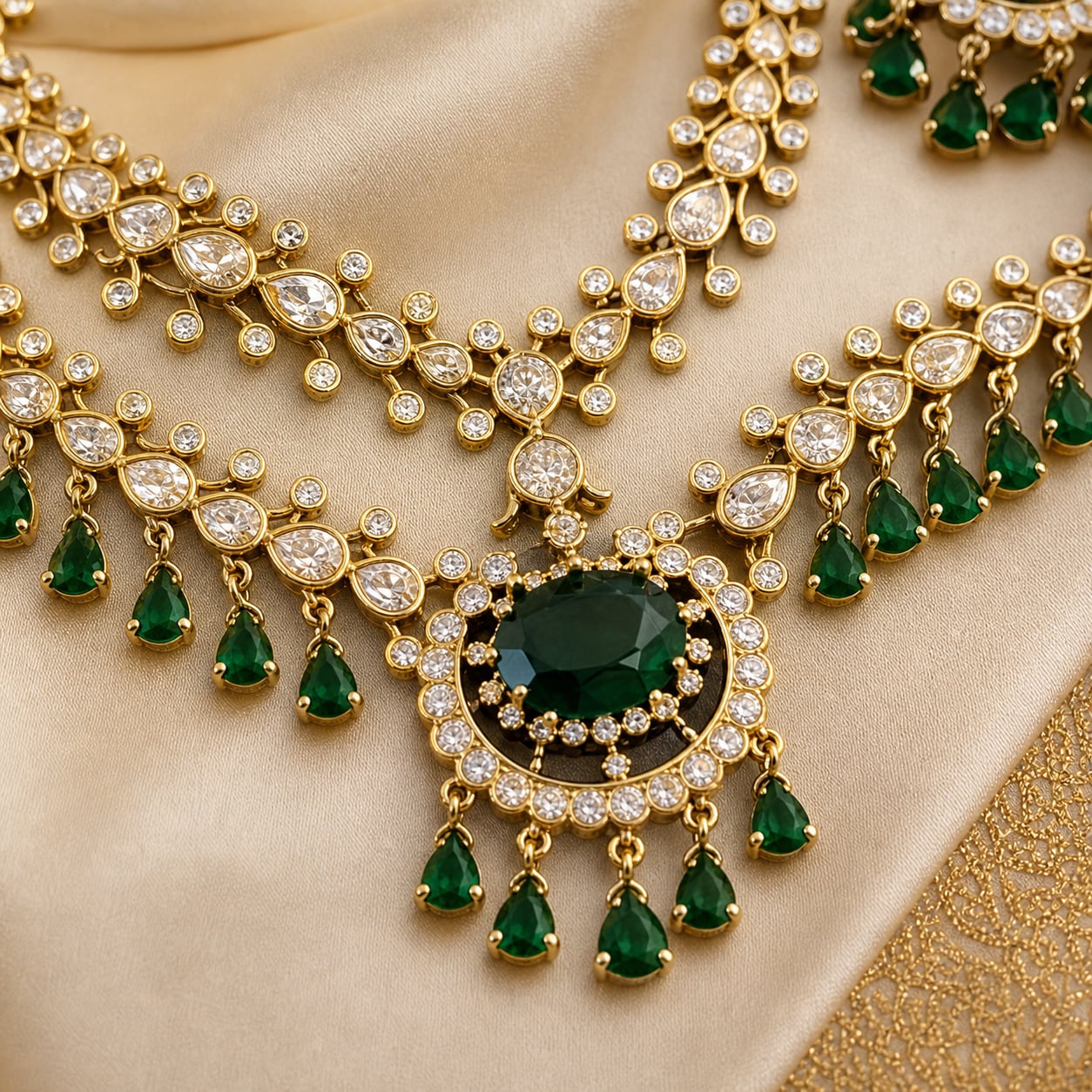 FeelOri emerald-tone necklace set with matching earrings pendant and gold-polished detail