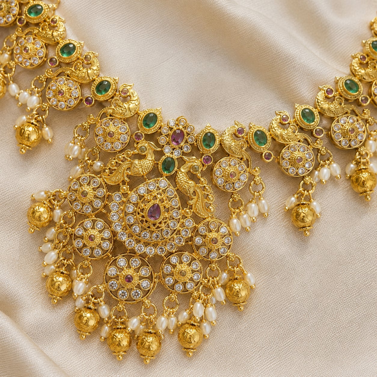 FeelOri emerald-tone necklace set with matching earrings pendant and gold-polished detail