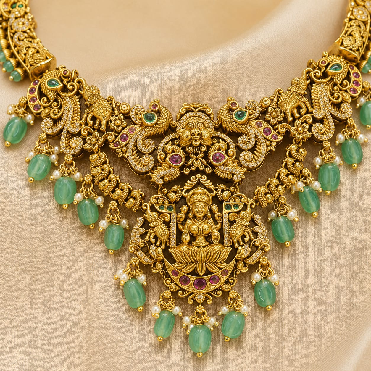 FeelOri emerald-tone necklace set with matching earrings pendant and gold-polished detail