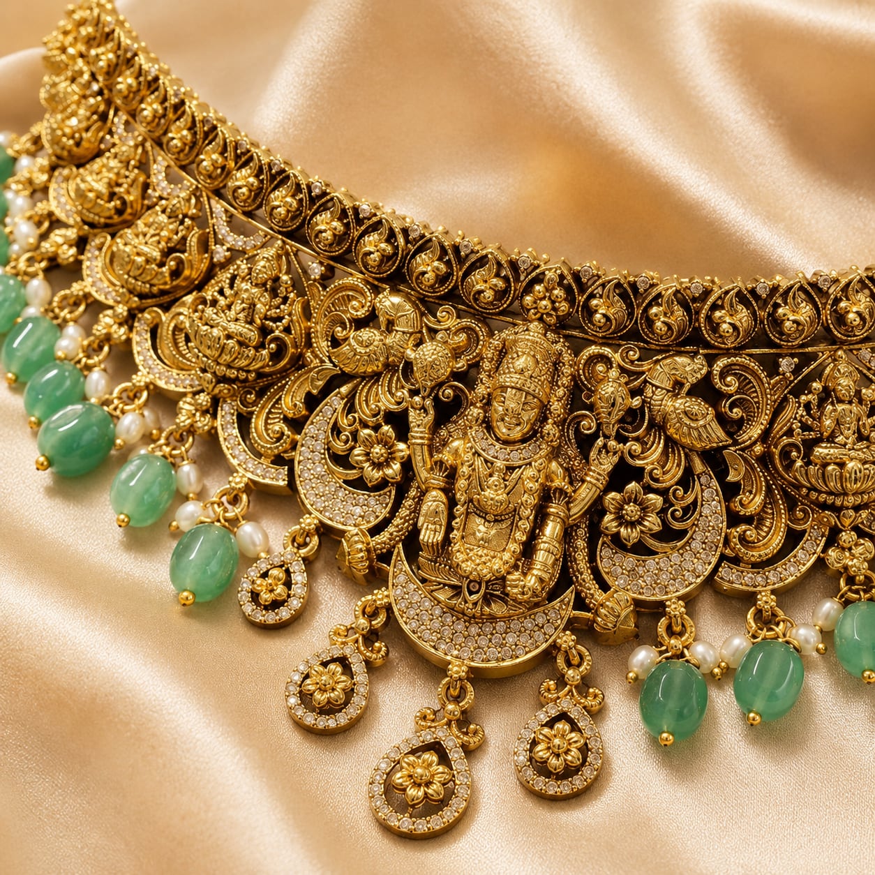 FeelOri emerald-tone necklace set with matching earrings pendant and gold-polished detail