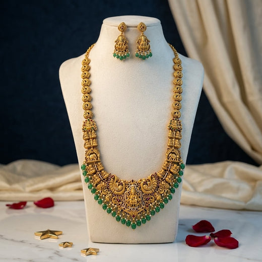 FeelOri Emerald Peacock Temple Necklace Set for Pattu Sarees with matching earrings, front view