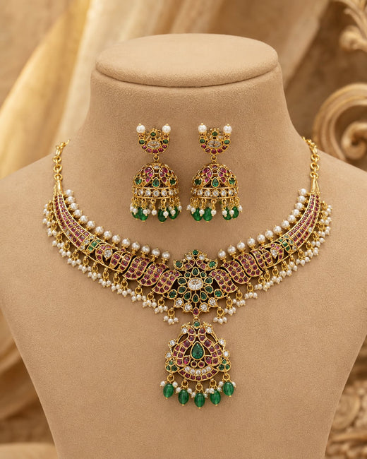 FeelOri Emerald Crescent Jhumka Necklace Set for Sarees and Receptions with matching earrings, front view