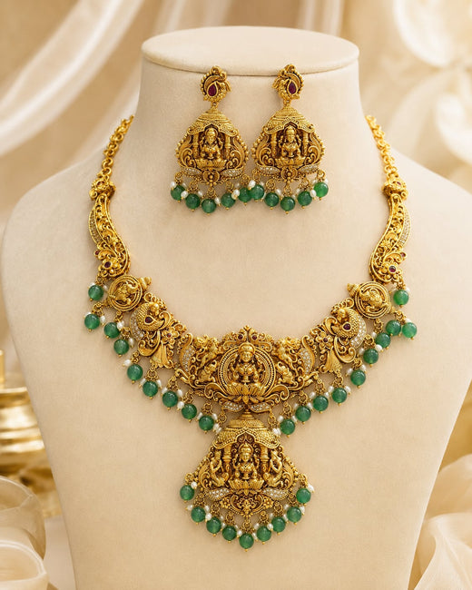 FeelOri Emerald Lakshmi Drop Necklace Set for Pattu Sarees with matching earrings, front view