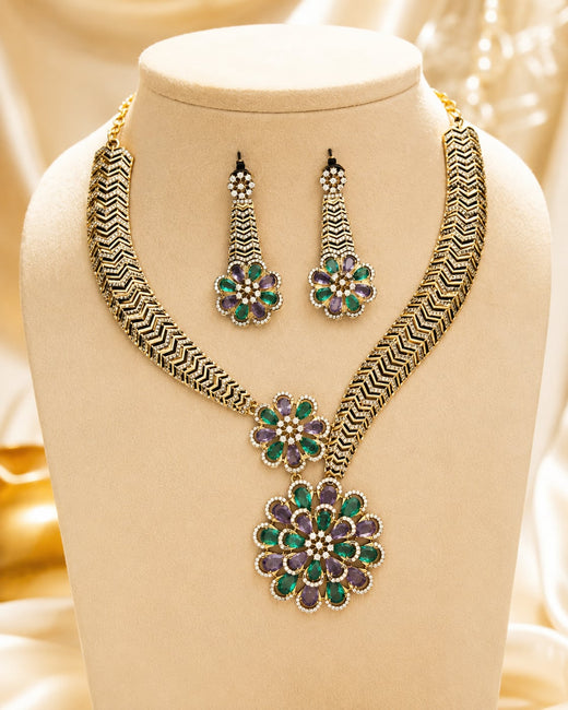 FeelOri Emerald AD/CZ Floral Drop Necklace Set for Receptions with matching earrings, front view
