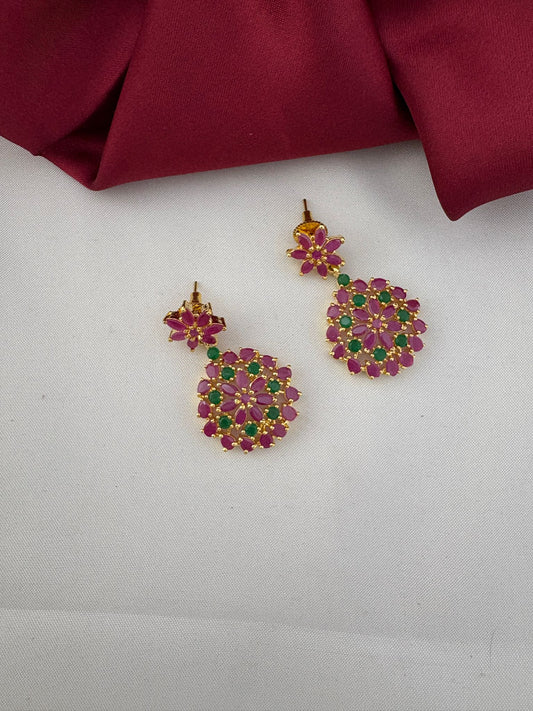 FeelOri Andhra Festive Gem Ruby & Emerald Short Necklace Set - Detailed close-up of the matching earrings showcasing ruby and emerald stones.