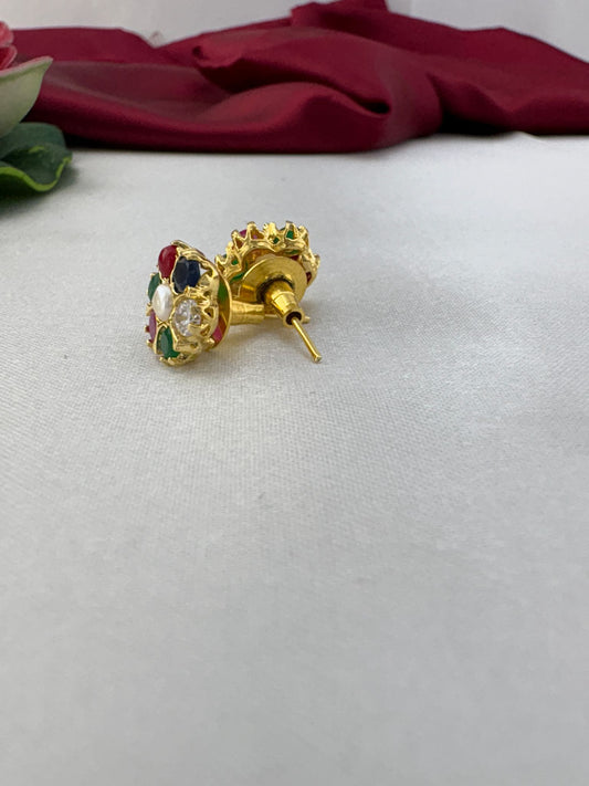 FeelOri Auspicious Navaratna AD stud earrings pair showcasing traditional nine sacred gemstones in gold cluster