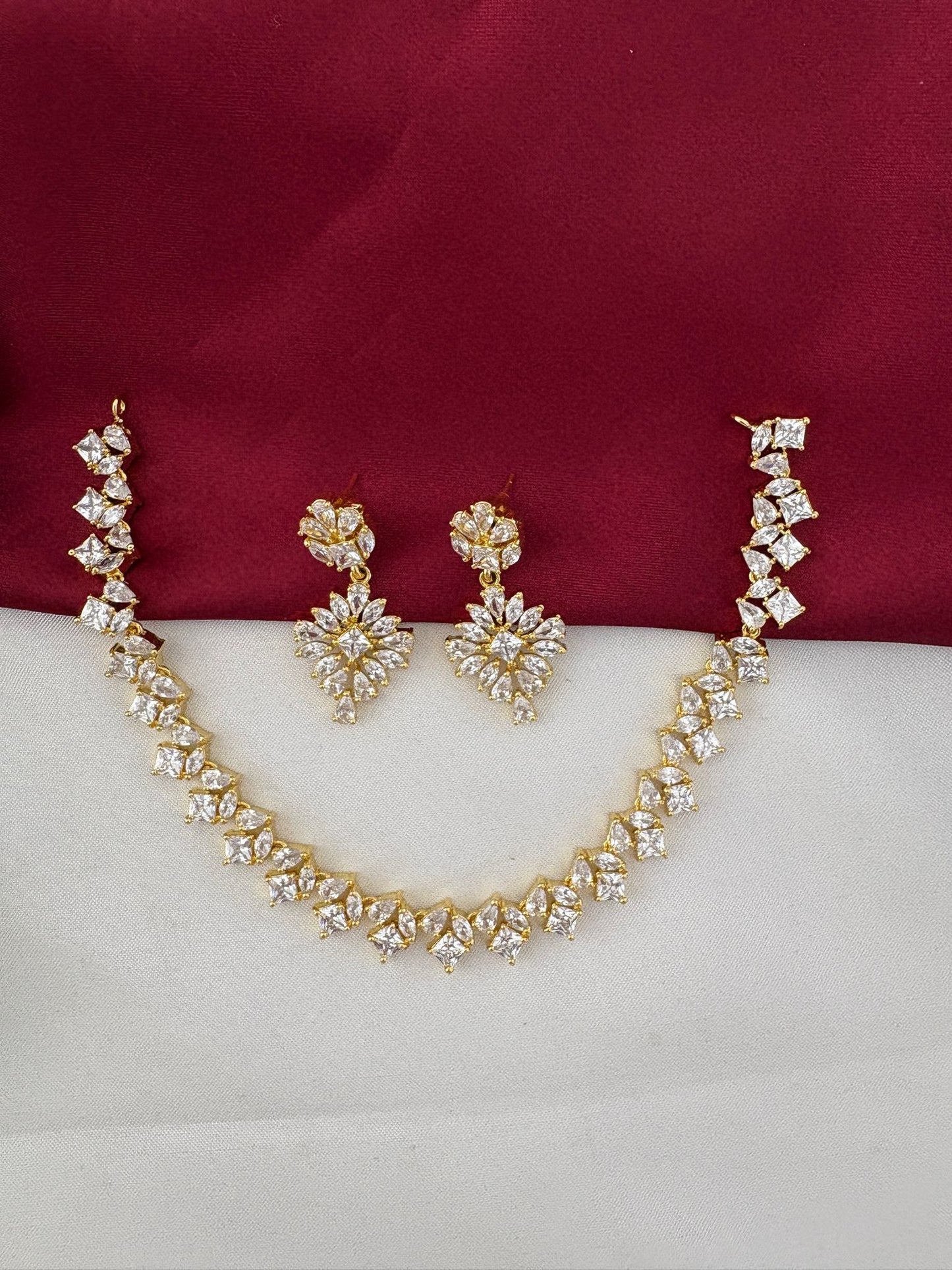 The complete FeelOri Bridal Radiance AD Stone Grand Short Necklace Set with matching earrings, elegantly displayed on a rich contrasting background by feelori.