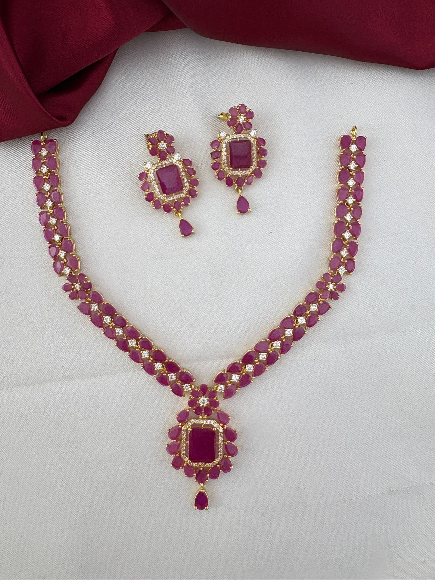 Alternate angle of FeelOri Cascade Ruby & AD Vine Necklace Set. Chennai Elegance design by feelori.