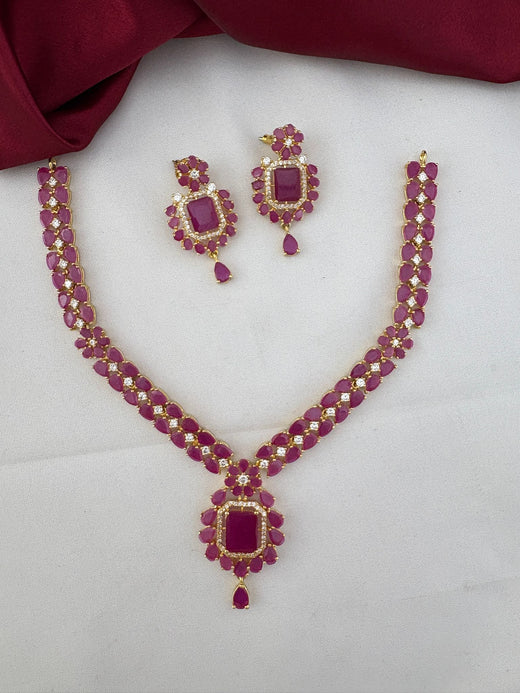 Alternate angle of FeelOri Cascade Ruby & AD Vine Necklace Set. Chennai Elegance design by feelori.