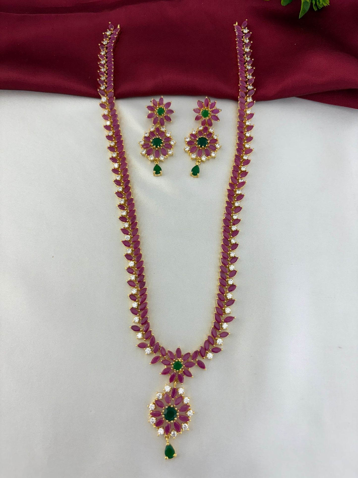Feelori Celestial Cascade Rainbow AD Long Necklace Set - Full view of the necklace and matching earrings, highlighting the stone arrangement.