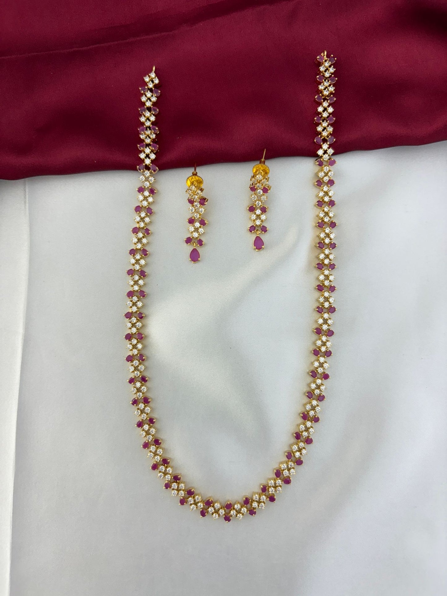FeelOri Crimson Sparkle Weave Ruby & AD Long Necklace and Earring Set - Alternate full view.