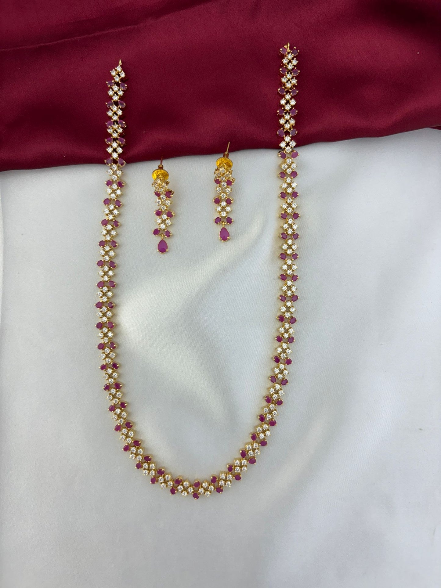 FeelOri Crimson Sparkle Weave Ruby & AD Long Necklace and Earring Set - Main view.