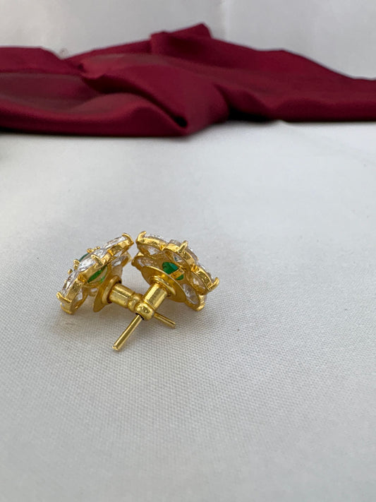 FeelOri Evergreen Duo white green AD stud earrings angled view displaying gold post construction and comfortable back
