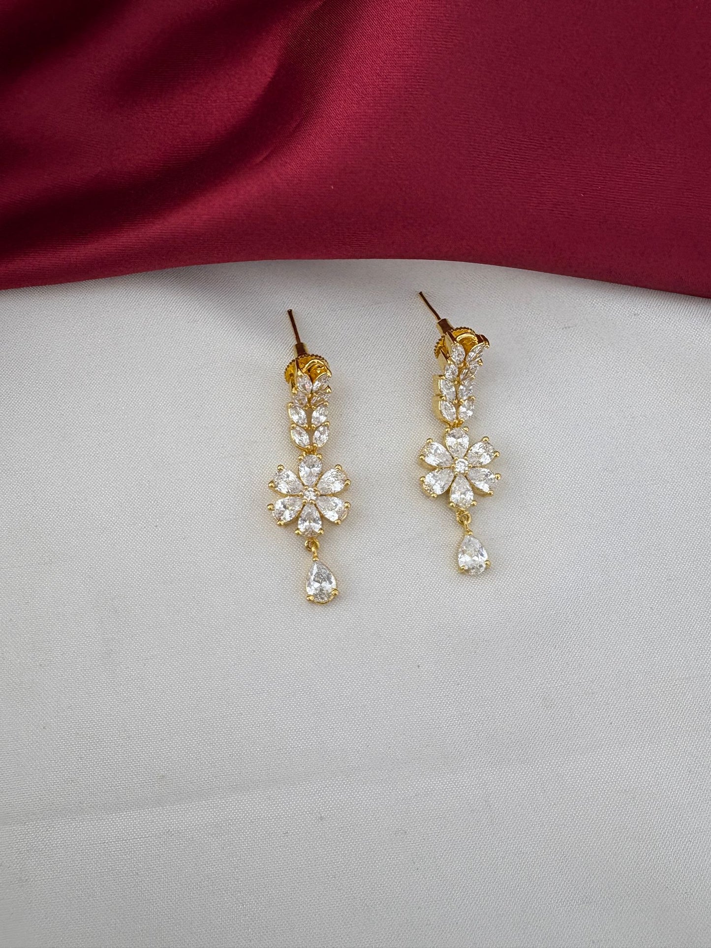 Detailed close-up of FeelOri Everyday Elegance AD Stone floral drop earrings