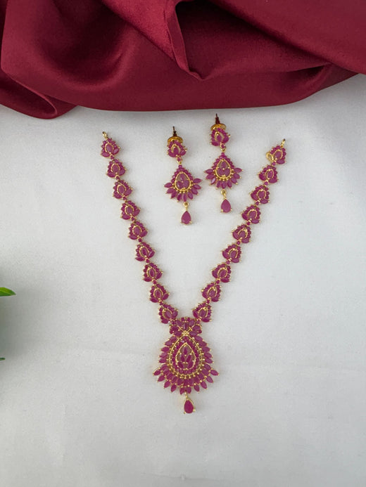 FeelOri Exquisite Ruby-Tone CZ Short Necklace Set with matching earrings, ideal for bridal wear - full view.