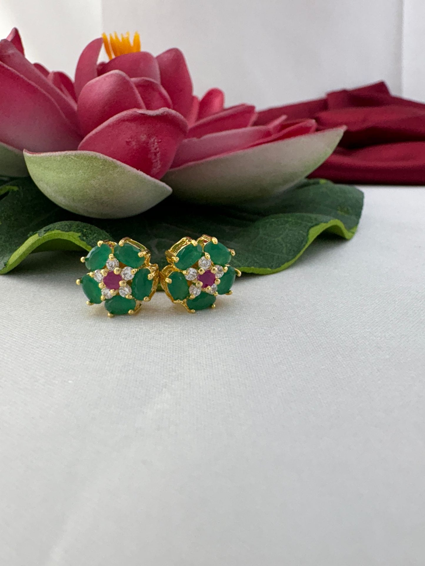 FeelOri garden party tri-color AD stud earrings styled with lotus emphasizing natural garden theme aesthetic