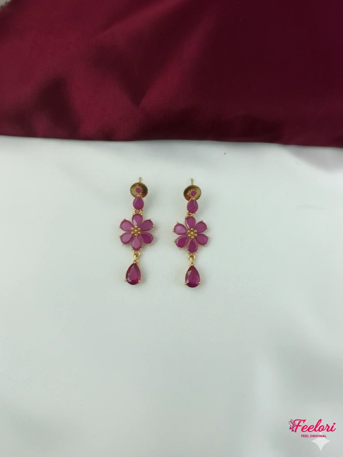 FeelOri Gold Plated Fuchsia Teardrop Flower Earrings - Close-up view of the intricate floral design and drop stone.