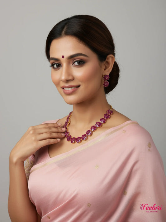FeelOri Gold Plated Ruby Necklace Earring Set - Model wearing floral design set with pink saree.
