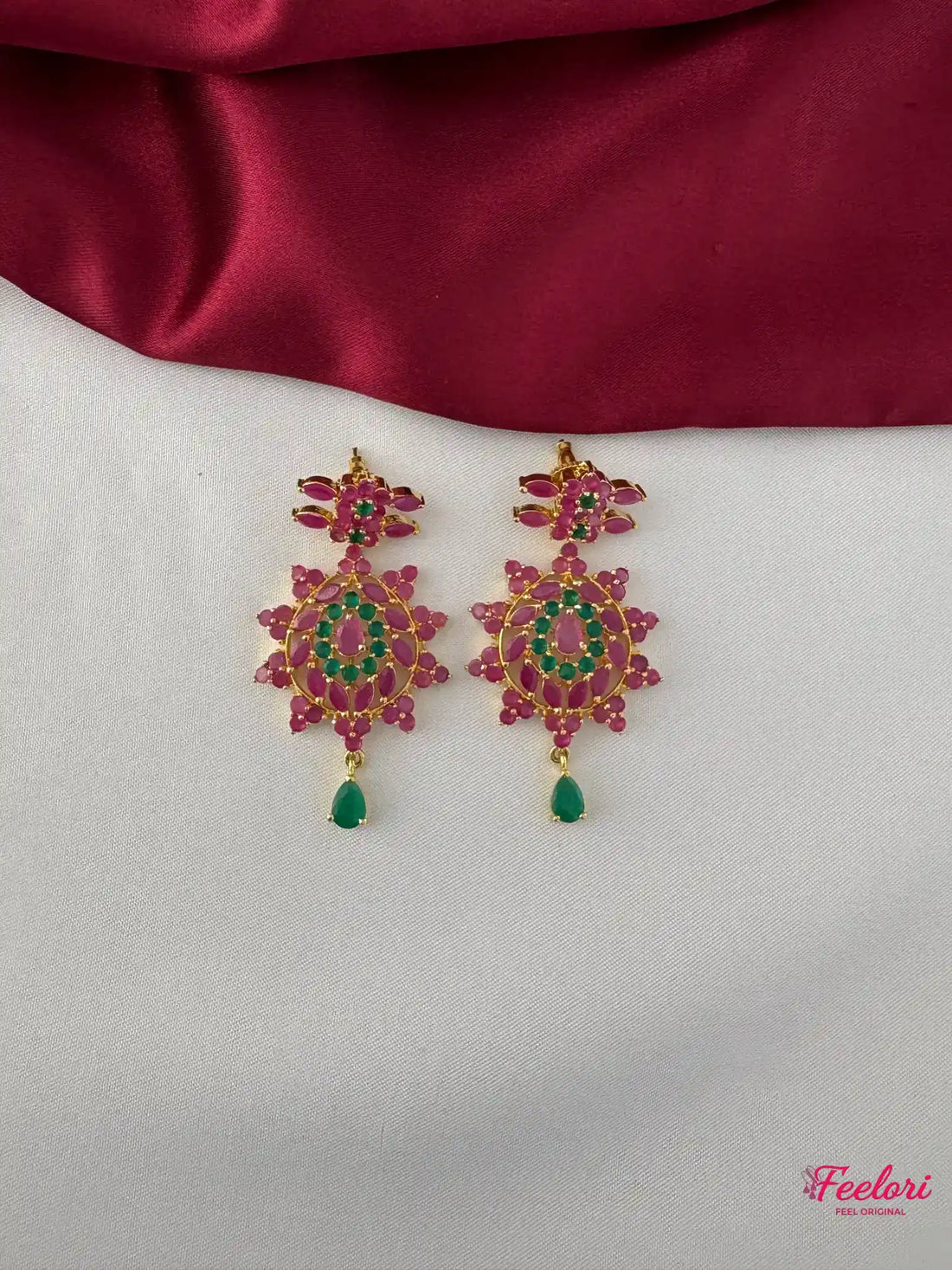 FeelOri Gold Plated Ruby Emerald Flower Petal Earrings - Close-up view highlighting the intricate cluster design and Ruby CZ and emerald-toned stones with a tear-drop accent.