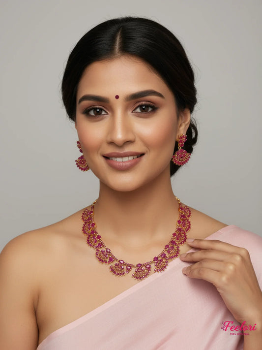FeelOri Gold Plated Ruby Floral Necklace Set - Model in elegant sari, smiling with bindi.