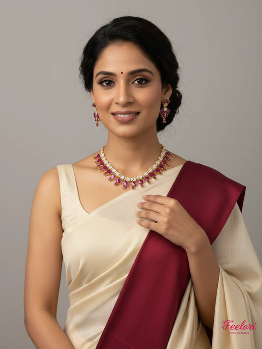 FeelOri Gold Plated Ruby Geometric Pattern Necklace Set - Regal Allure - Ruby Red & Gold - Lifestyle