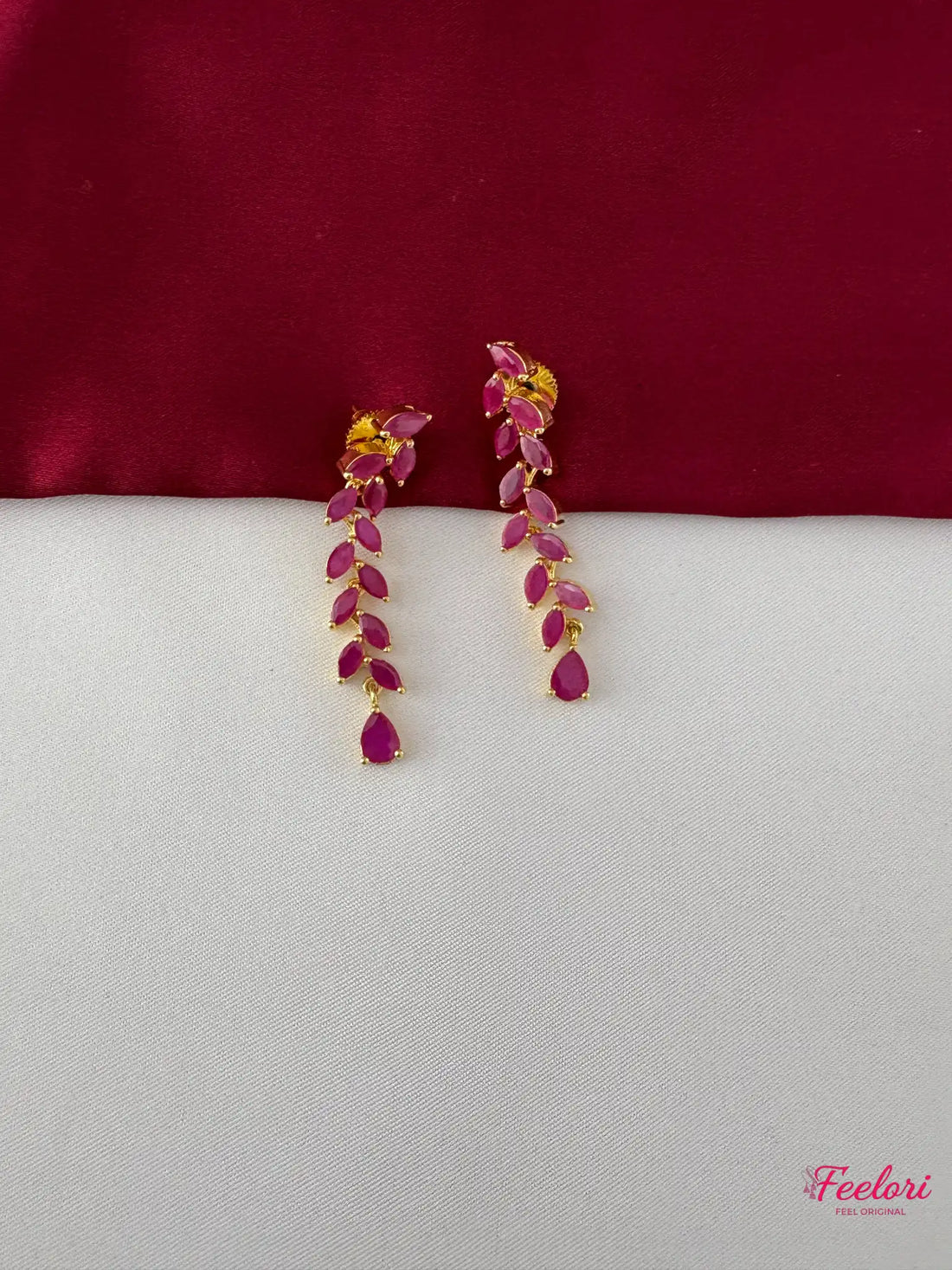 FeelOri Gold Plated Ruby-Tone Leaf Droplet Necklace Set - Vine Grace - FeelOri Indian fashion jewellery view 3