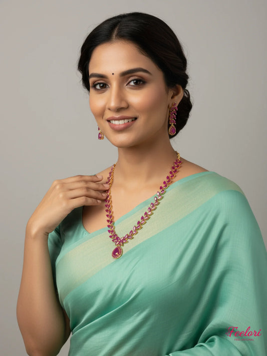 FeelOri Gold Plated Ruby Leaf Droplet Necklace Set - Vine Grace - Ruby Red - Lifestyle