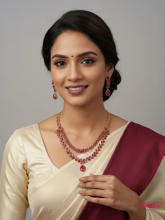FeelOri Gold Plated Ruby Leaf Necklace Set - Model in silk saree showcases elegant dual-layer design.
