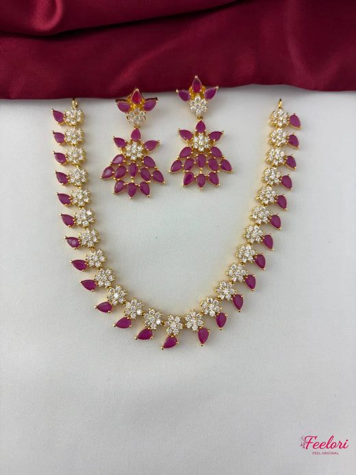 FeelOri Gold Plated Ruby-Tone Marquise Petal Floral Necklace Set - Radiant Bloom - FeelOri Indian fashion jewellery view 1
