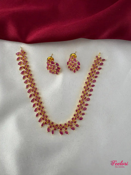 FeelOri Gold Plated Ruby Marquise Petal Necklace Set - Front view showcasing the intricate arrangement of Ruby-Tone CZ-hued stones.