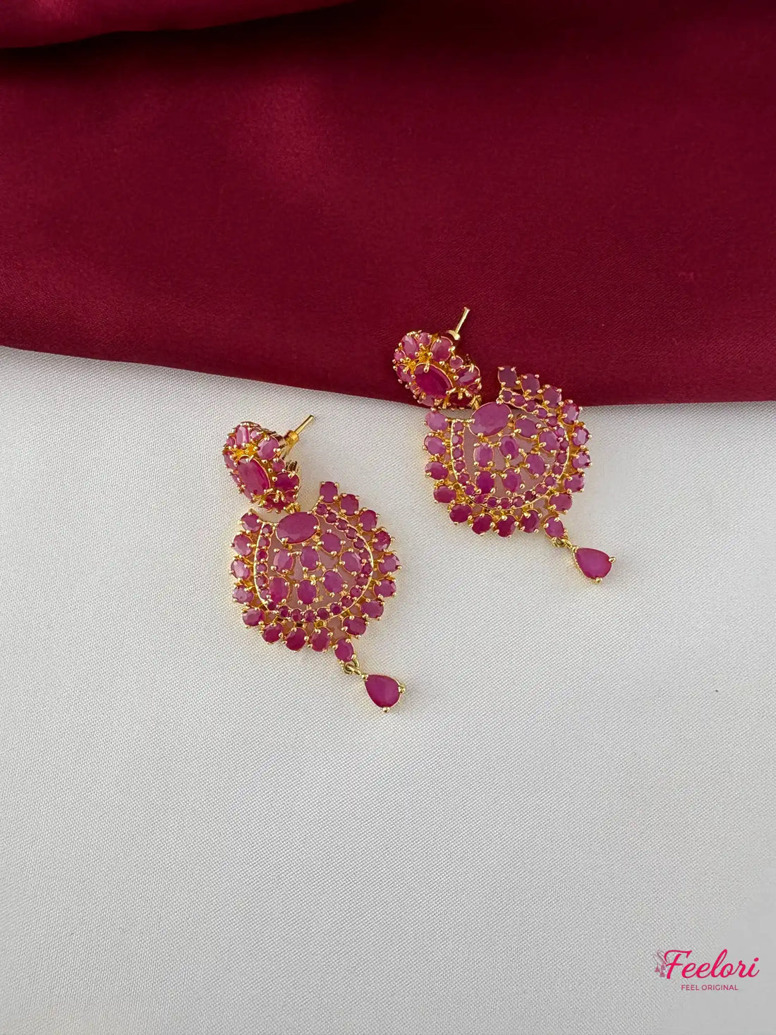 FeelOri Gold Plated Ruby-Tone Oval Petal Necklace Earring Set - Grandeur Collection - FeelOri Indian fashion jewellery view 3