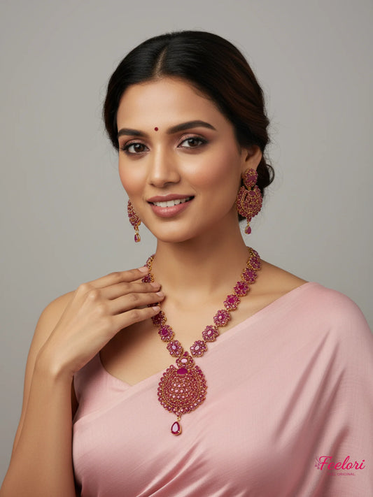 FeelOri Gold Plated Ruby Oval Petal Necklace Earring Set - Grandeur Collection - Ruby Red - Lifestyle